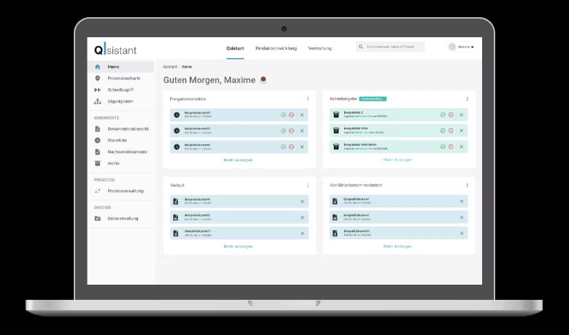 Qsistant QM-Software auf Laptop — Freigabeworkflows und Dokumentenverwaltung